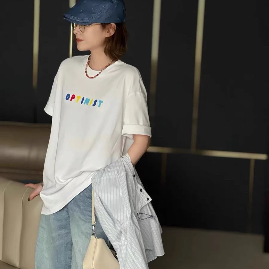 圆领印花字母透气短袖无袖T恤宽松套装白色女士半袖夏款