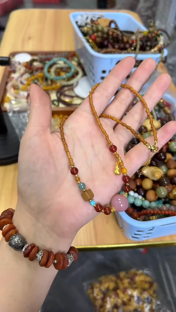 未镶嵌橄榄核吊坠粉糯玛瑙多宝橄榄核项链[3437]