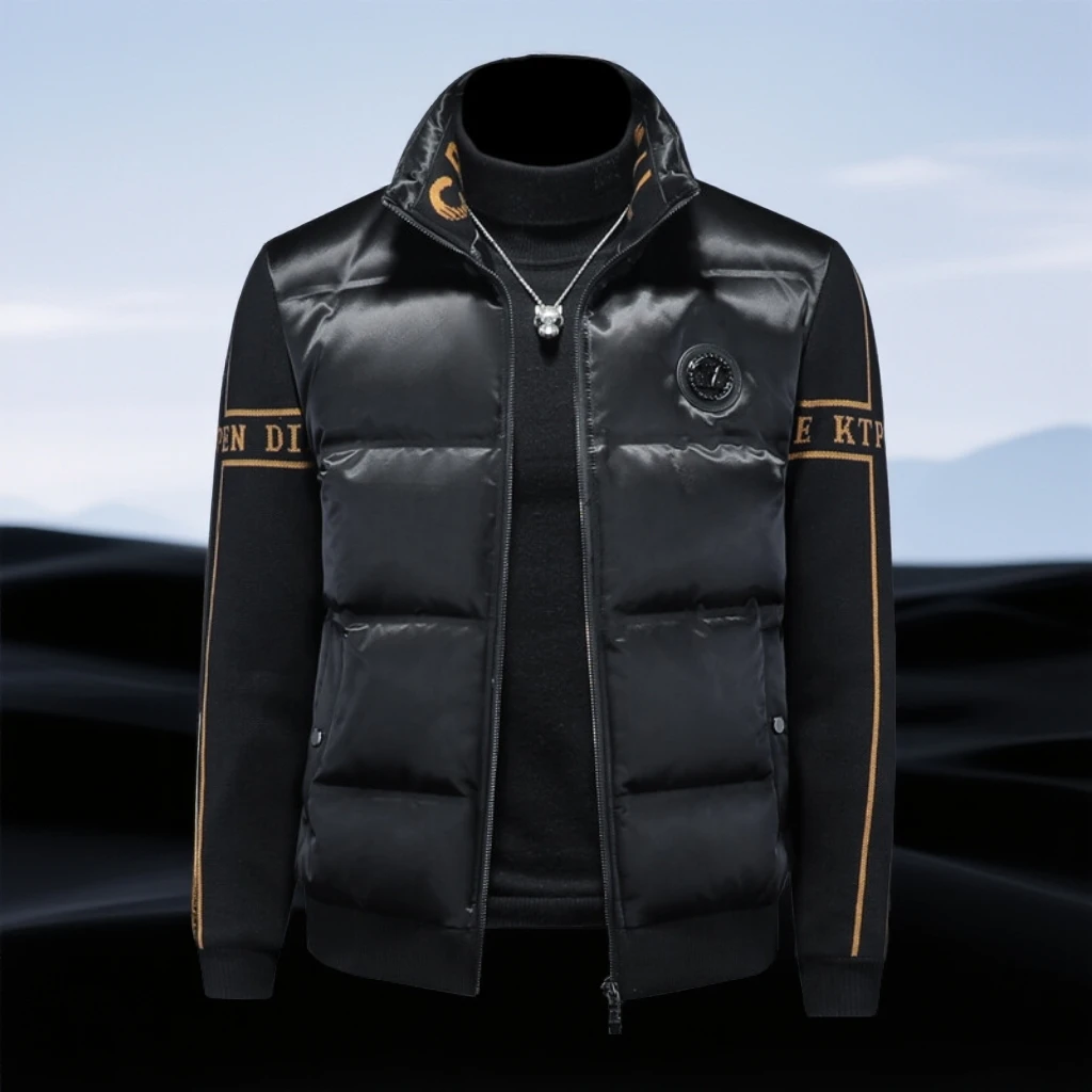 巴赛娜缇冬季时尚新款白鸭绒印花拼接羽绒服男士针织袖外套修身潮