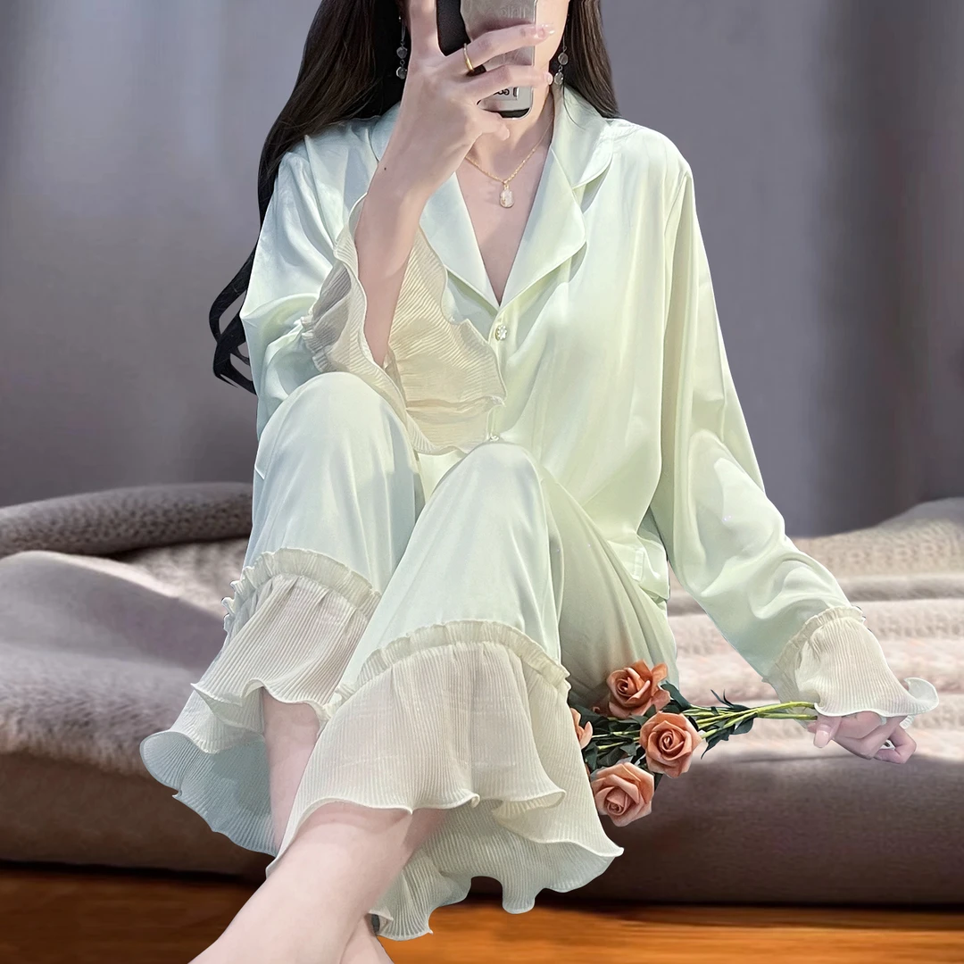 睡衣女春秋水光绸法式甜美长袖木耳边家居服冰丝薄款套装新款夏季