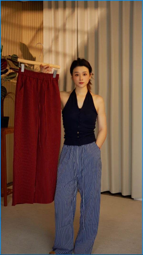 2025自然舒适主义亚麻竖条纹慵懒休闲裤女夏季直筒阔腿宽松长裤