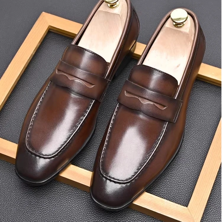 夏季新款真皮休闲皮鞋男潮英伦绅士头层牛皮一脚蹬套脚乐福鞋