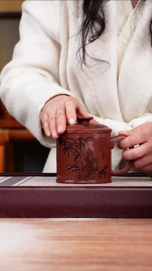 【闪购商品】紫砂花盆瑕疵刻绘竹子三件套盖杯一只