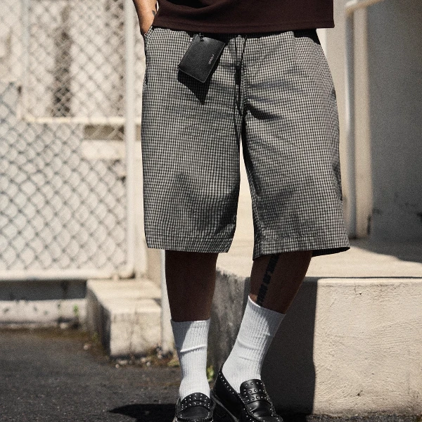 TANOXI P366 千鸟格格纹百搭廓形六分格子裤懒人短裤通勤休闲裤