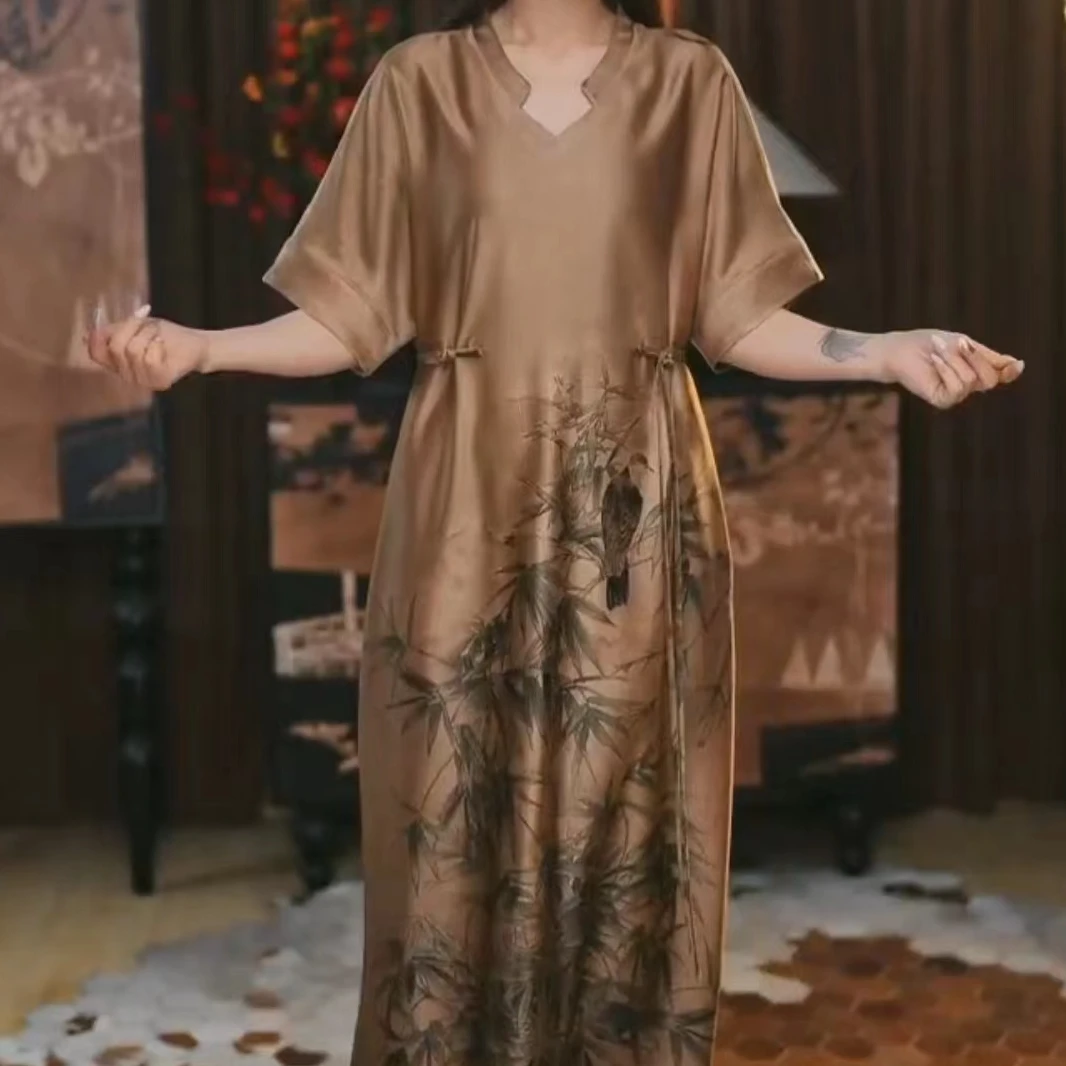 【清俞】香云纱长款百搭时尚宽松春夏中国风提花新中式国风连衣裙