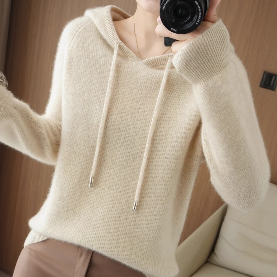 2025秋冬新款针织连帽卫衣女舒适内搭帽衫宽松外穿打底毛衣百搭