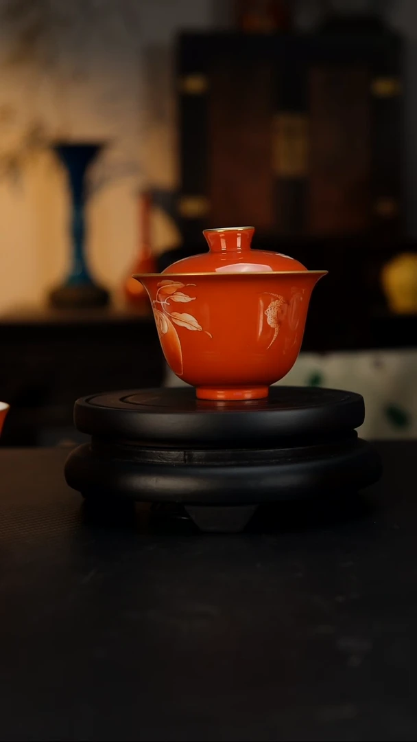 你****生矾红留白福寿桃盖碗 福利价