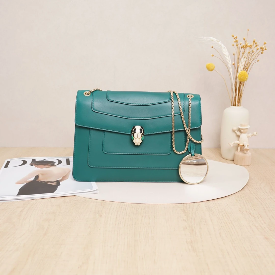 95新 BVLGARI/宝格丽 宝格丽蛇头包大号绿色牛皮/DS022527