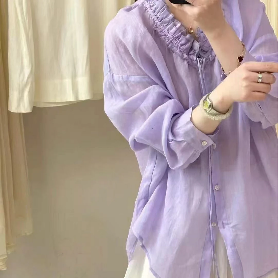 南梔麻坊  100苎麻领口打揽系带小衫纯色系通情日常松弛感