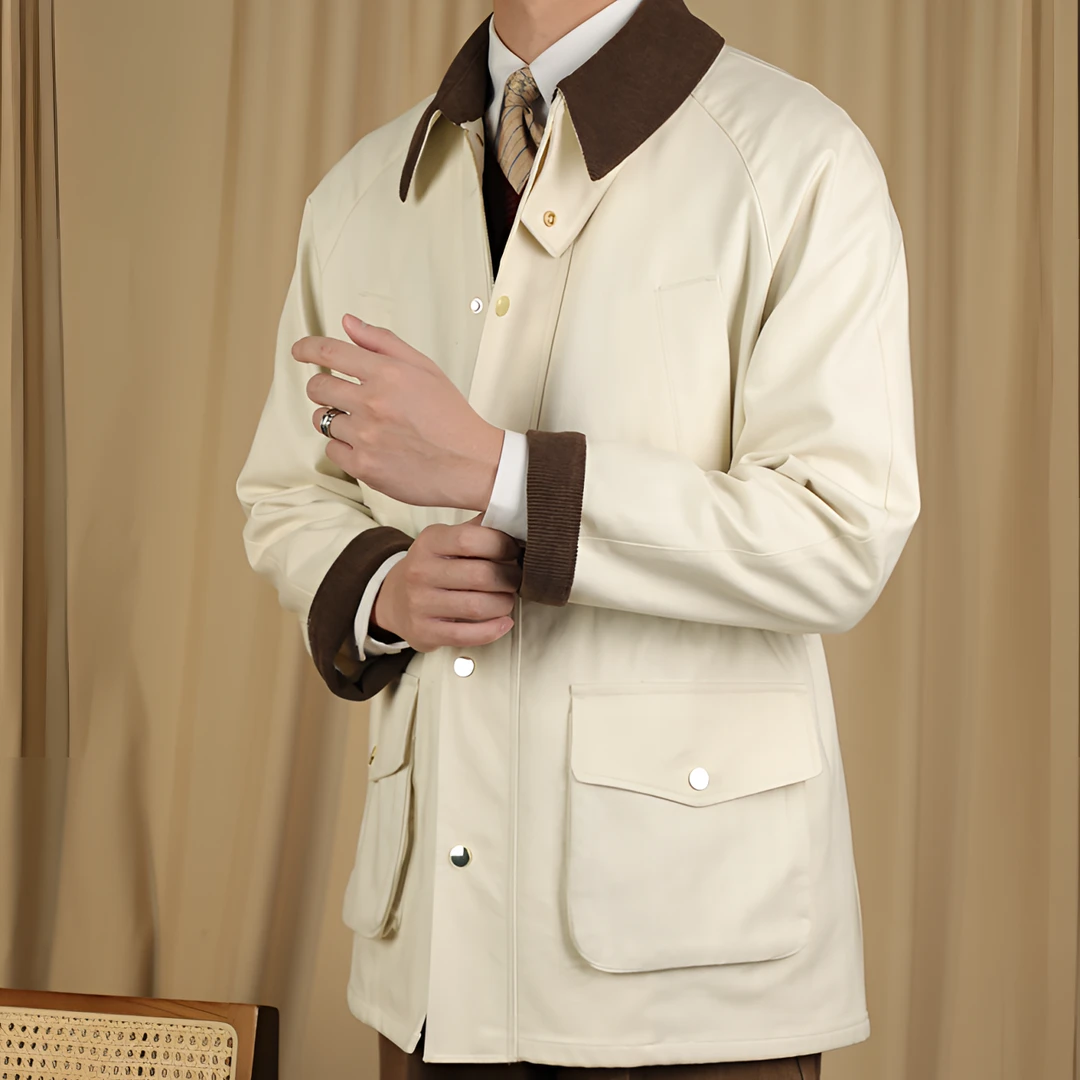 莱赛尔复古天丝混纺绒棉秋冬复古人字纹老钱风猎装夹克休闲外套