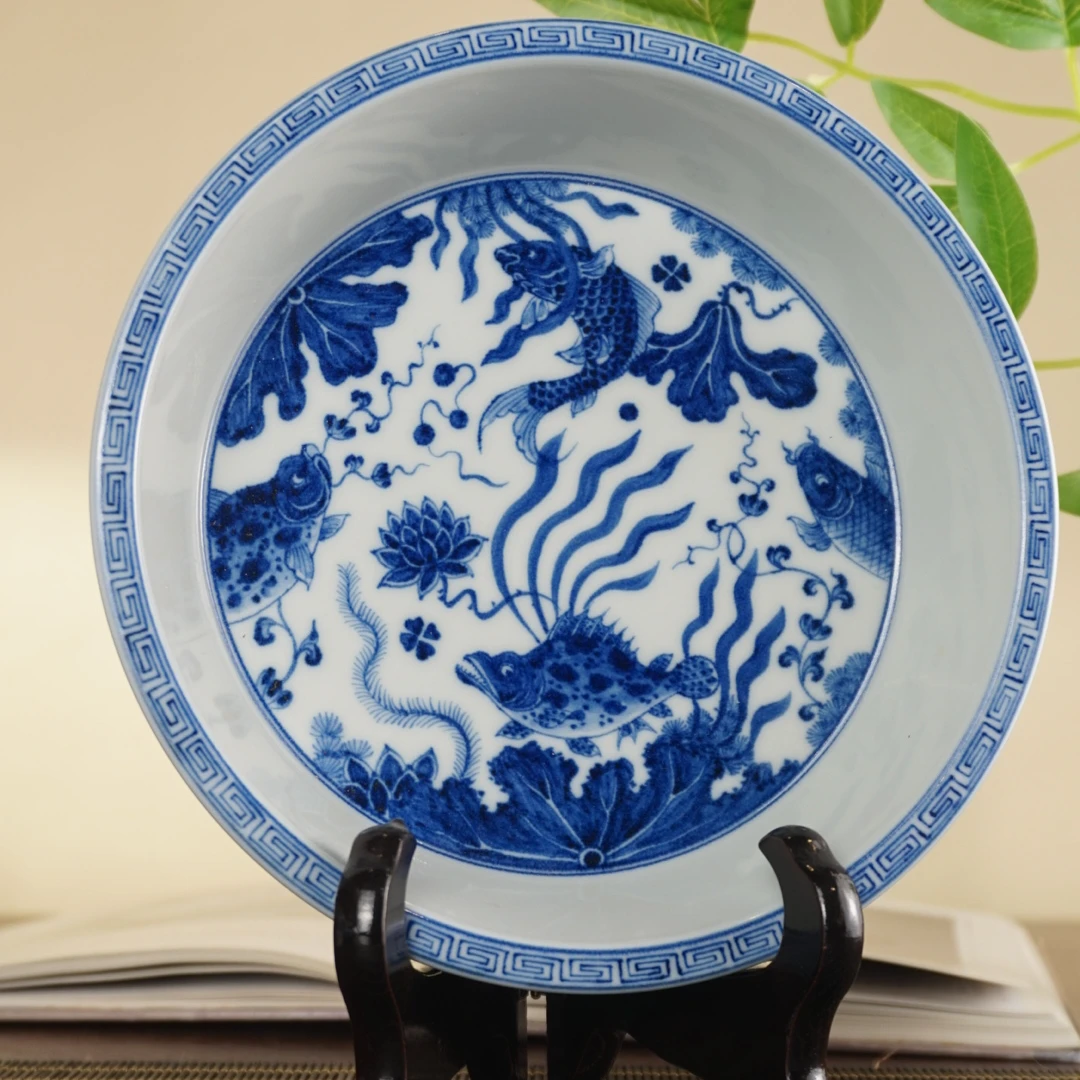 望月御品柴窑手绘鱼藻内绘侧画纯手工手绘壶承仿明陶瓷景德镇中式