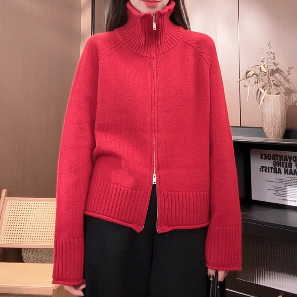 相菲一冬季新款韩版宽松短款全羊毛开衫外套女厚款拉链时尚针织衫