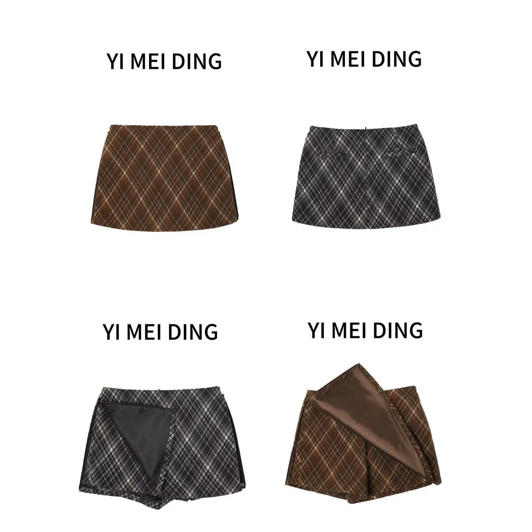 QZ38依美丁时尚秋冬两侧拉链格纹显瘦百搭毛呢裙裤