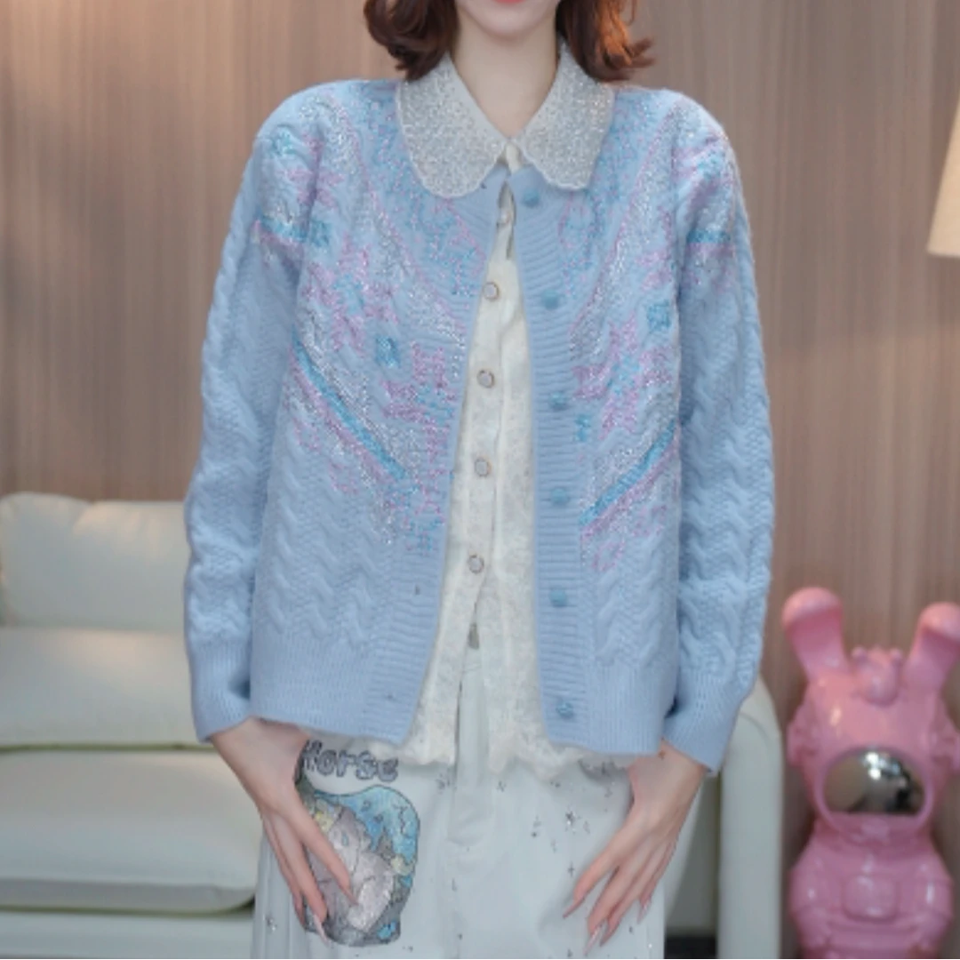 TCH【柔软舒适】冬款时尚烫钻蓝色休闲风女装针织开衫T75D43E1086