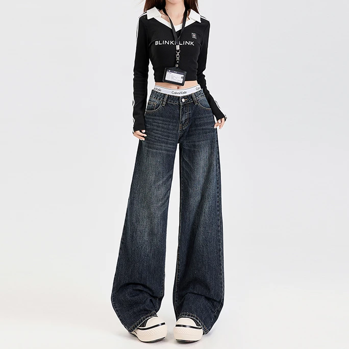 Busrr蓝灰港风复古直筒牛仔裤女新款水洗高腰慵懒宽松阔腿裤子