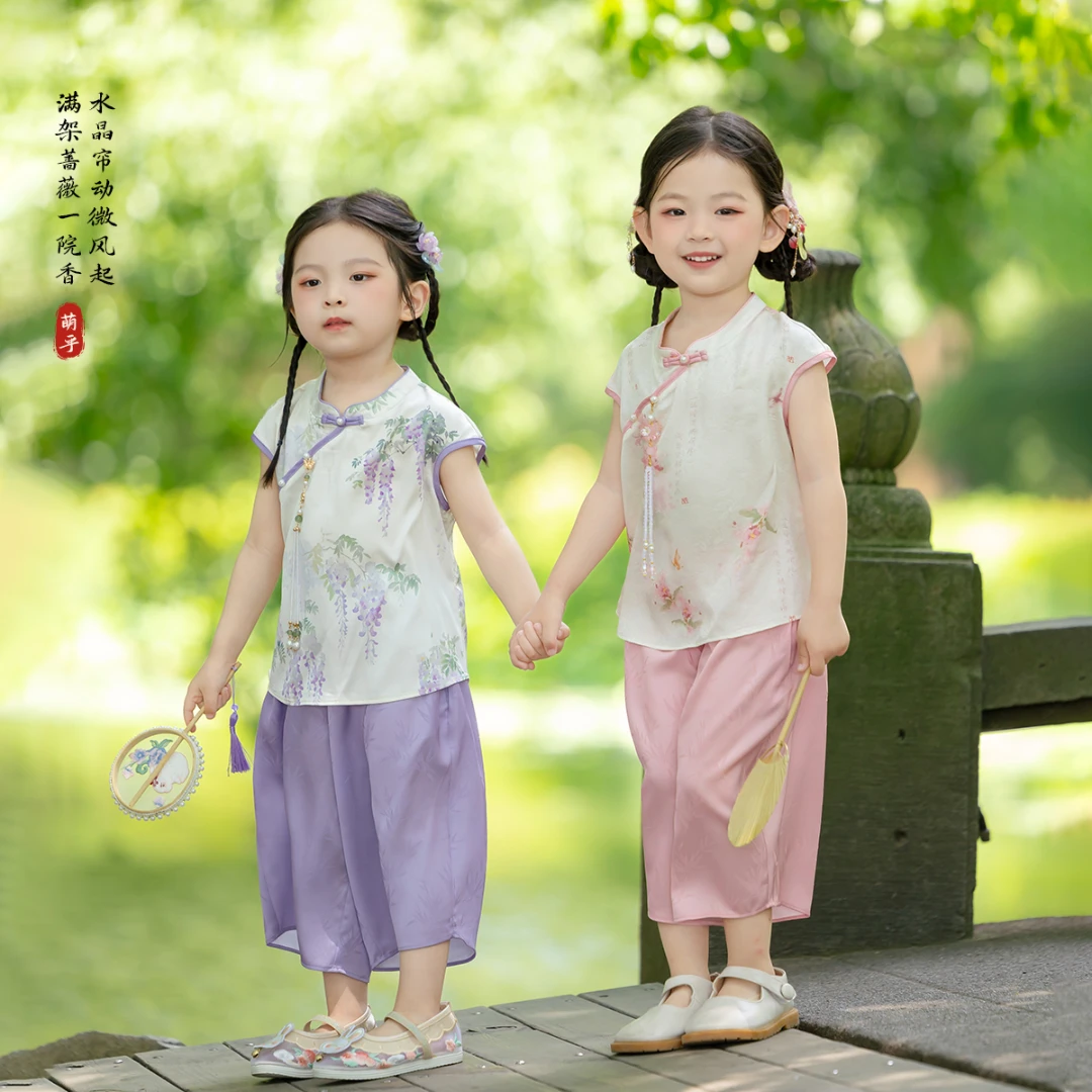 萌乎【‌云韶‌】女童汉服桑蚕丝2025夏季国风儿童短袖套装-252710
