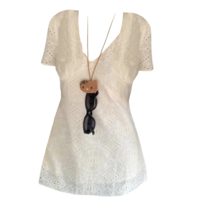 【现货】大码胖MM纯欲风蕾丝短袖中长款T恤女设计感镂空刺绣上衣