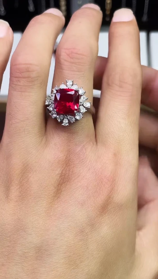 足铂镶嵌合成（培育）红宝石戒指/指环红宝戒指