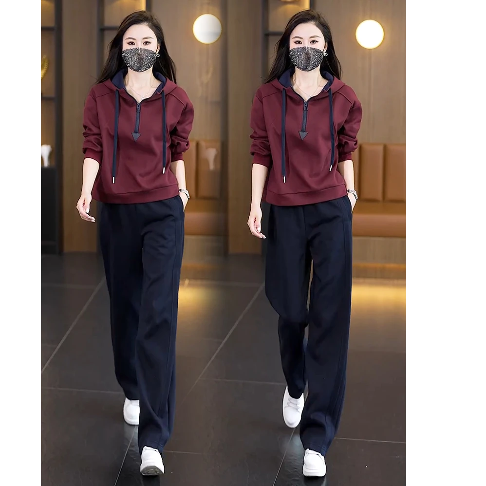 宽松休闲连帽卫衣阔腿裤两件套女春秋新款时髦洋气拼色运动服套装
