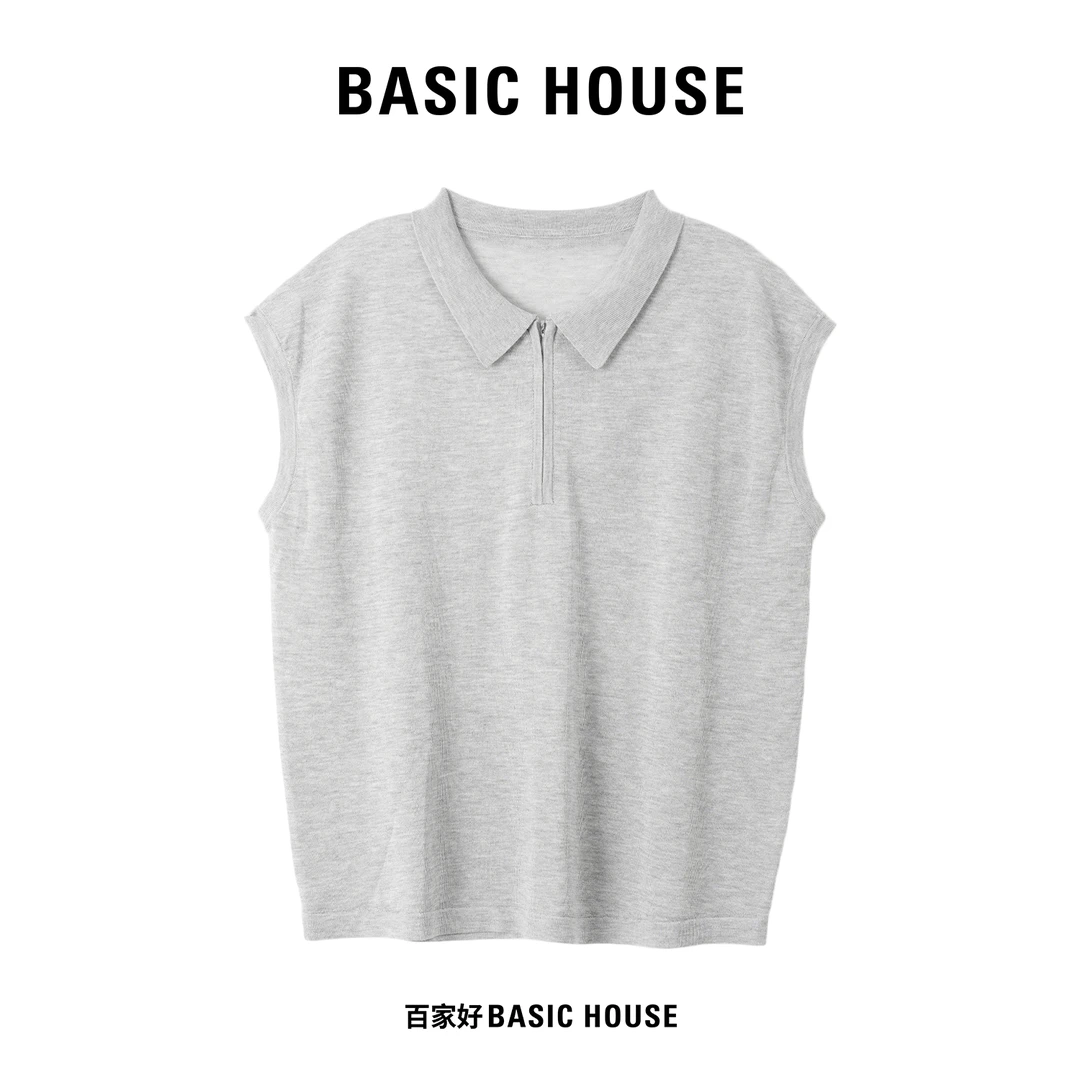Basic House/百家好2025年新款时尚翻领设计款无袖针织衫D142 MM