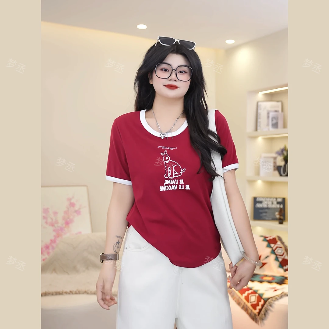 梦丞-正肩圆领大码女装印花小狗撞色短袖女款爆款2025新款上衣