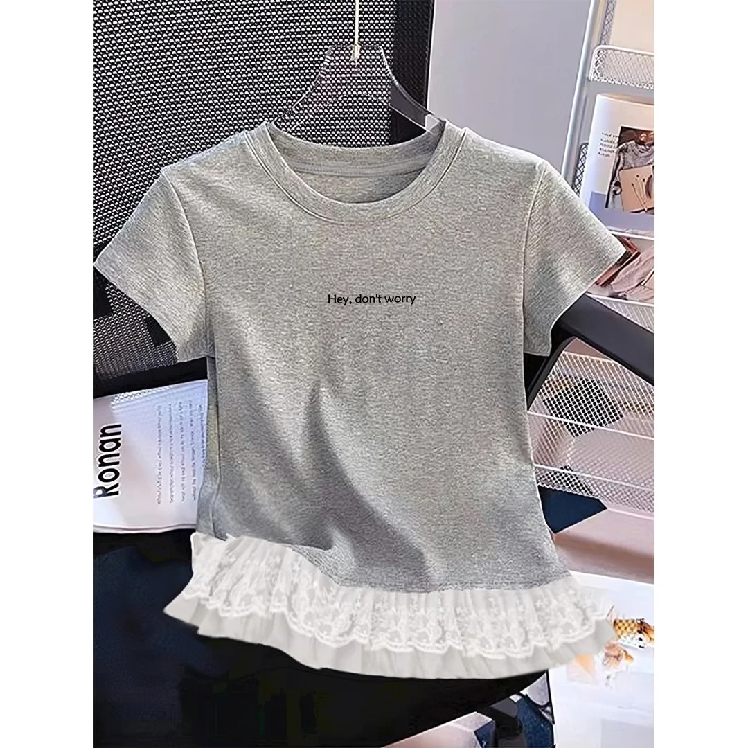 韩版宽松圆领INS风灰色小众短袖夏季蕾丝显瘦t恤拼接小个子百搭
