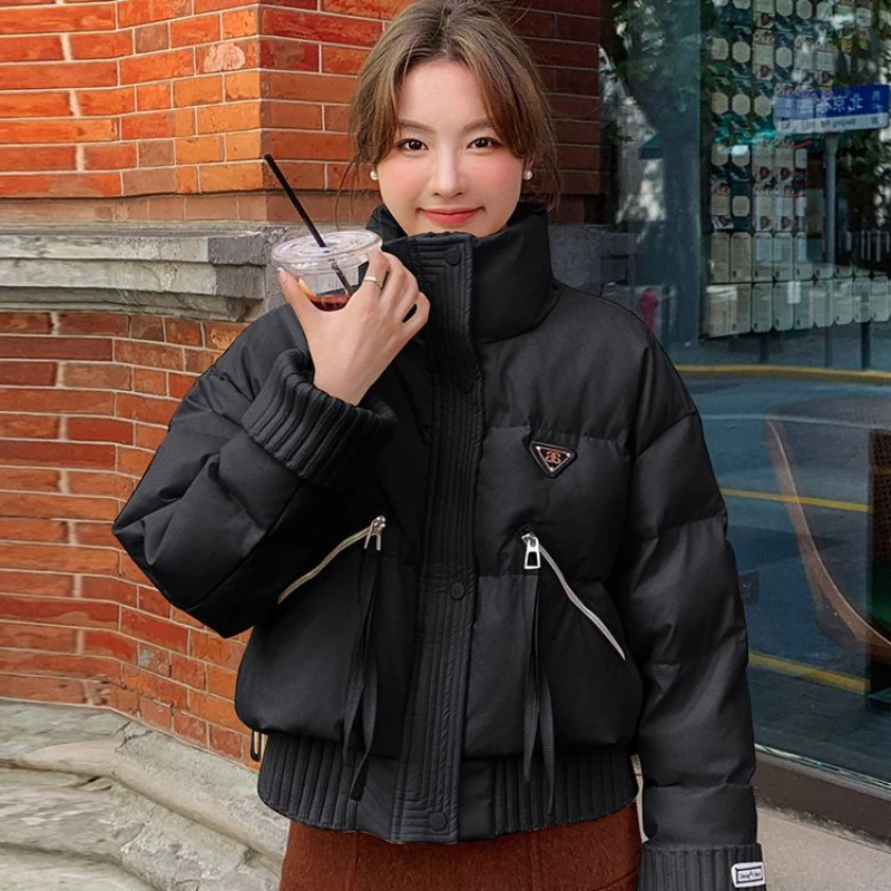 黑色设计感pu皮短款小个子立领棉服外套女宽松百搭面包服皮衣洋气
