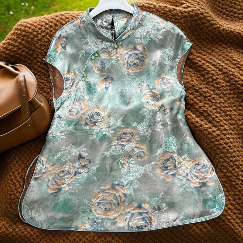 蓝玫瑰 小飞短袖夏季蚕丝新中式斜襟盘扣中长款上衣826