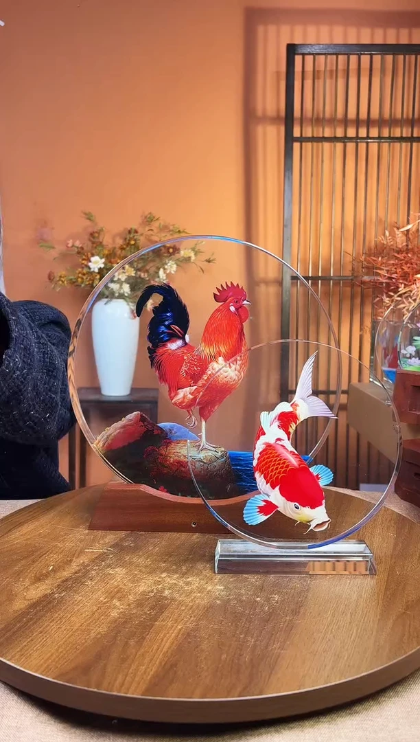人造水晶直播间限时福利 圆形大红公鸡30/30/4加底座＋小摆件