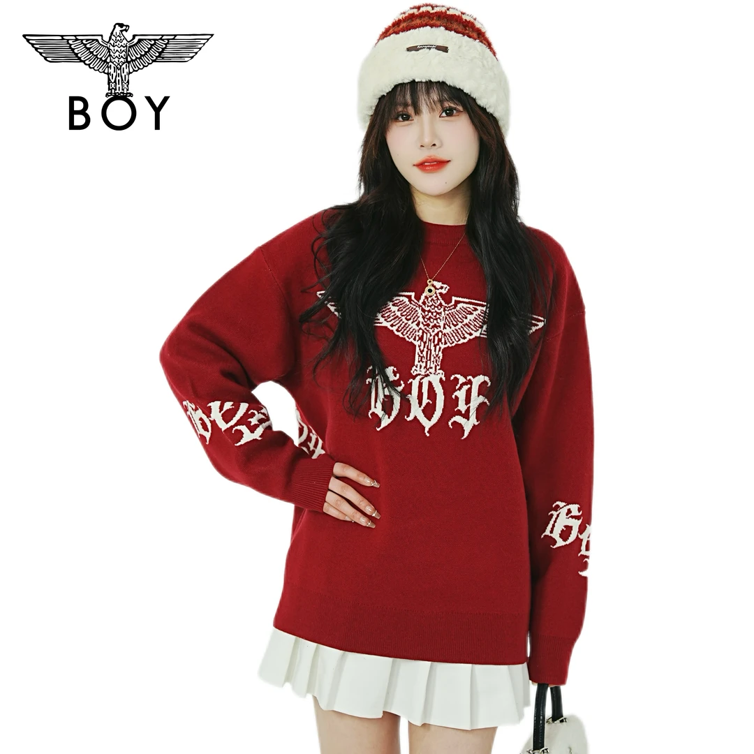 BOYLONDON25新款情侣款圣诞新年酒红色圆领套头时尚毛衣N60003