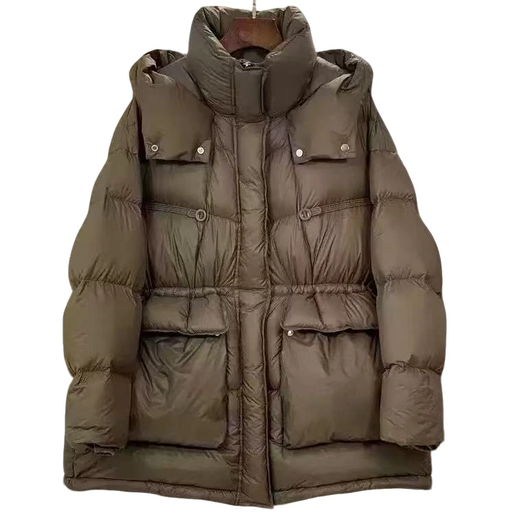 新款白鸭绒中长羽绒服女连帽加厚抽绳收腰宽松韩版时尚外套