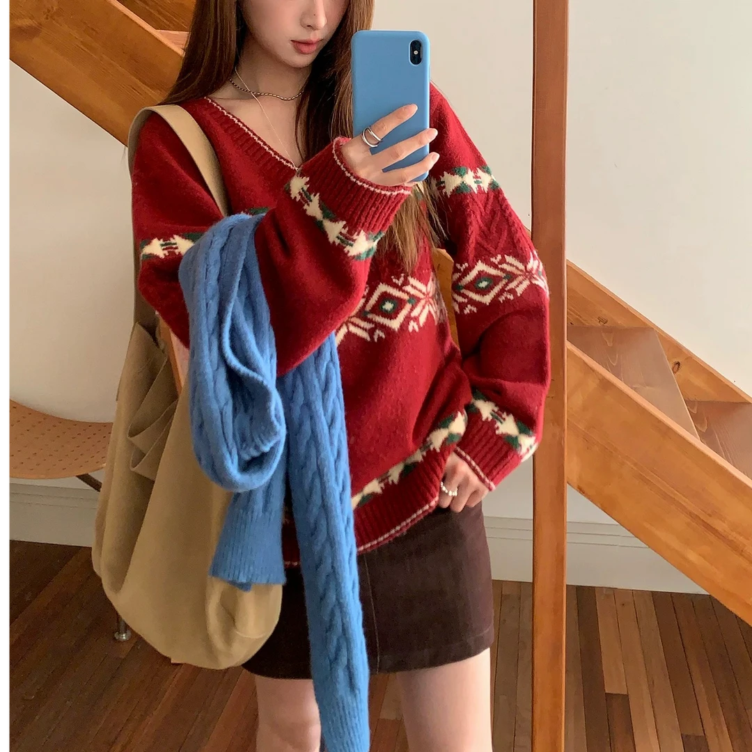 FCYSTUIDOHZJ冬季韩国少女气质保暖拼色图腾提花V领麻花厚毛衣女