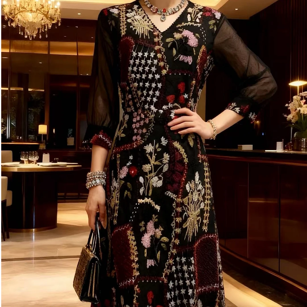 绣玥2626多色绣花显瘦气质中袖高贵时尚长款复古轻奢裙子