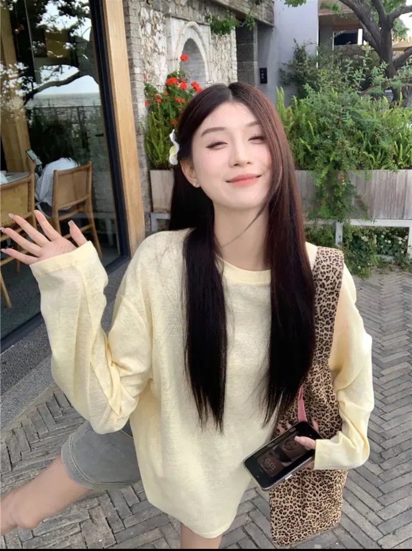 春秋圆领薄款防晒罩衫长袖慵懒风宽松休闲时尚上衣#8801韩版秋季