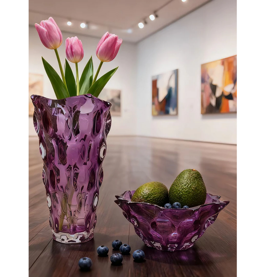 水晶玻璃高档花瓶果盘客厅摆件用于水果沙拉插花玫瑰百合彰显高级