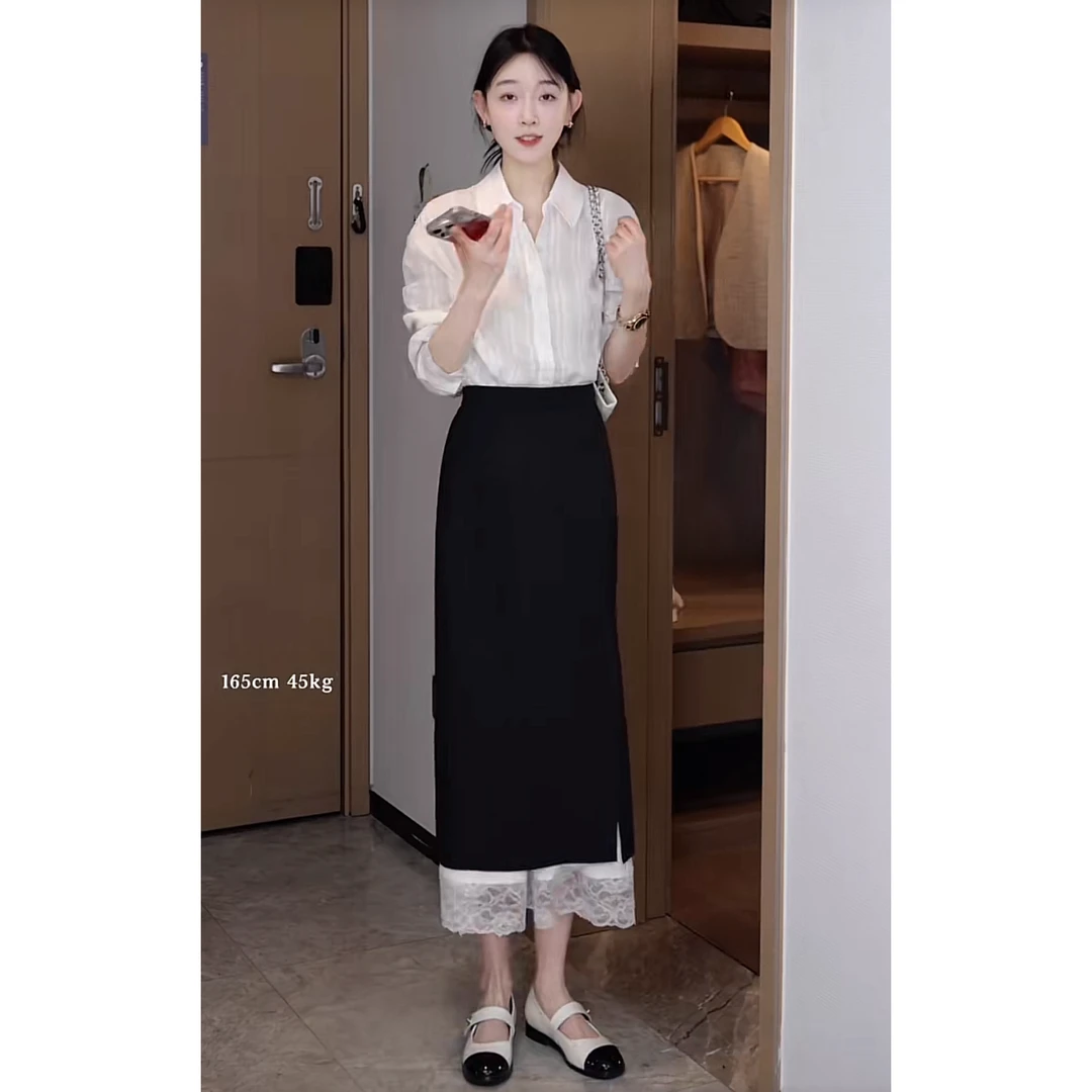 夏季洋气穿搭一整套2025新款白色衬衫高腰拼接蕾丝半身裙两件套女