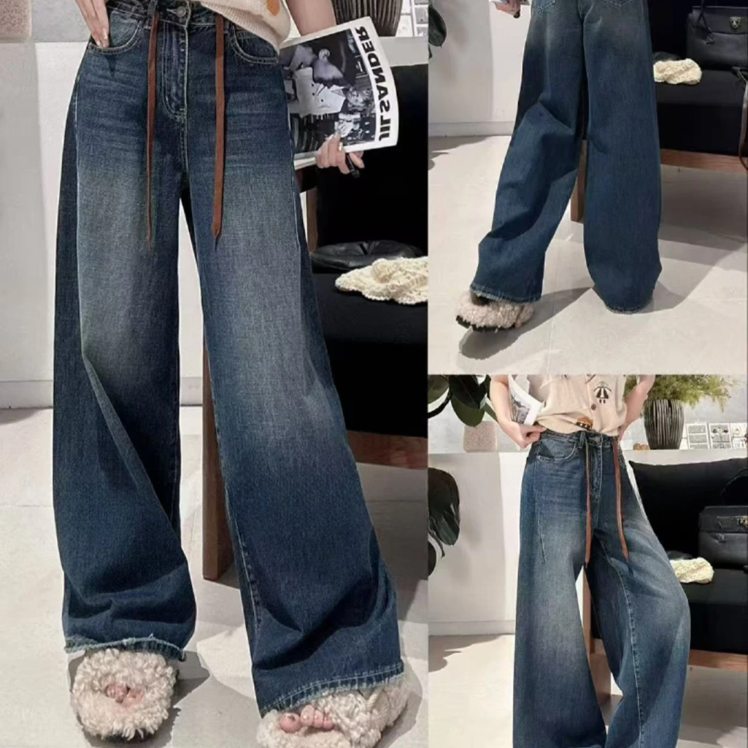 深圳南油高货2025秋新品设计感小众抽绳阔腿牛仔裤百搭显瘦女