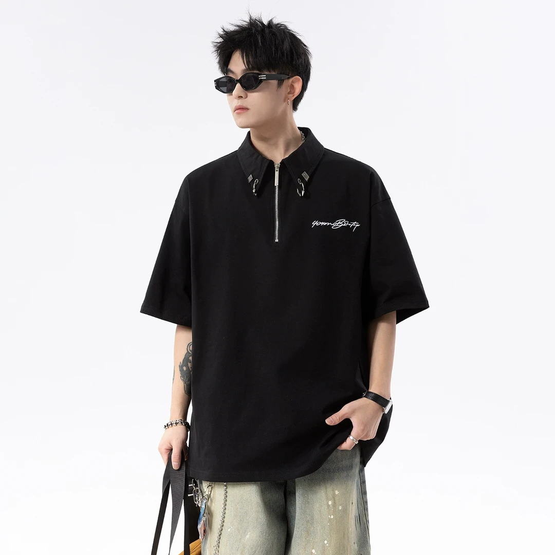 美式刺绣Polo衫潮男2025夏季新款短袖t恤高街宽松休闲五分袖体恤