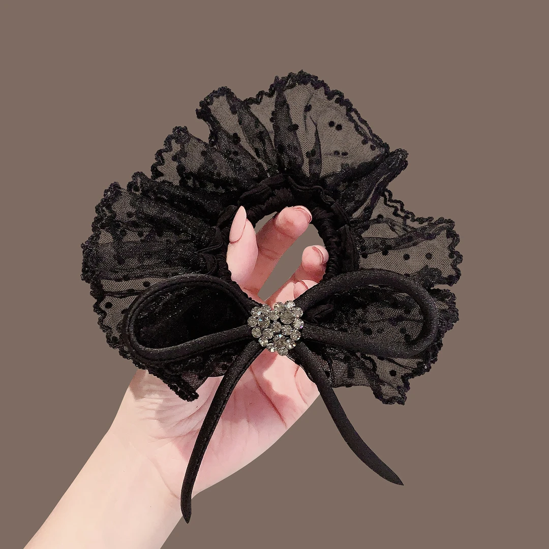 韩国东大门新款波点高级感蕾丝蝴蝶结丸子头发圈皮筋LN-9291