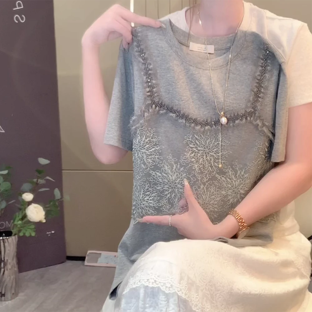 夏季新款假两件蕾丝拼接短袖T恤女宽松复古上衣设计感气质时尚