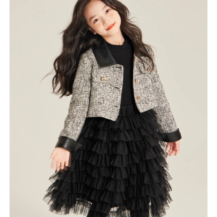 女童套装秋季2025新款短款小香风呢料外套网纱连衣裙气质两件套12