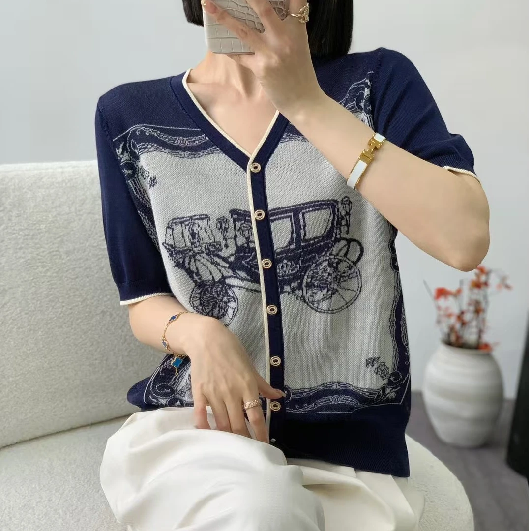 100%莱赛尔天丝复古马车提花拼色高级时尚气质针织新款短袖夏季