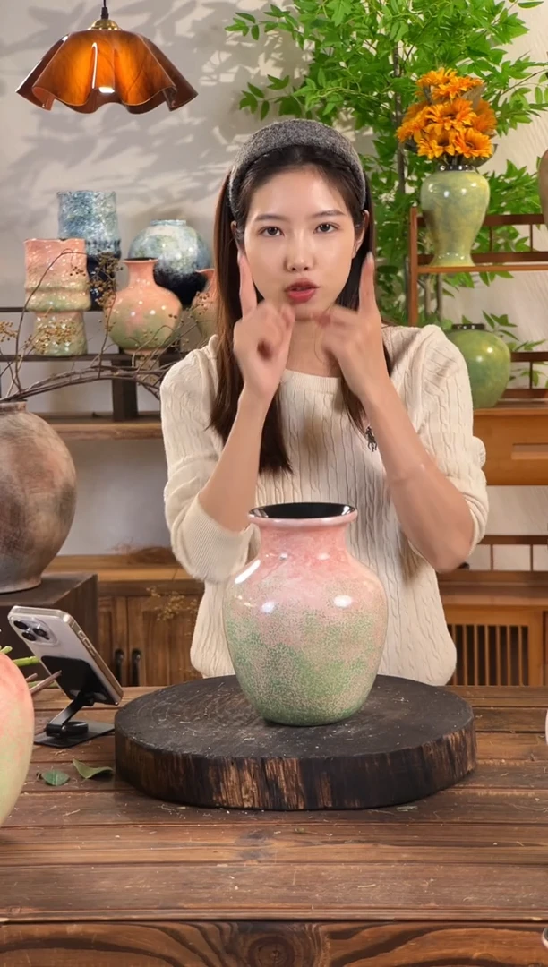 【绿脂凝春-中号胖肚瓶】无孔水培桌面陶瓷花瓶鲜花干花插花花器