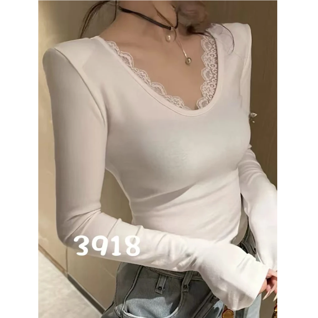 3918内搭拼接长袖薄款静奢风显瘦T恤耐磨女士紧身蕾丝V领网红百搭