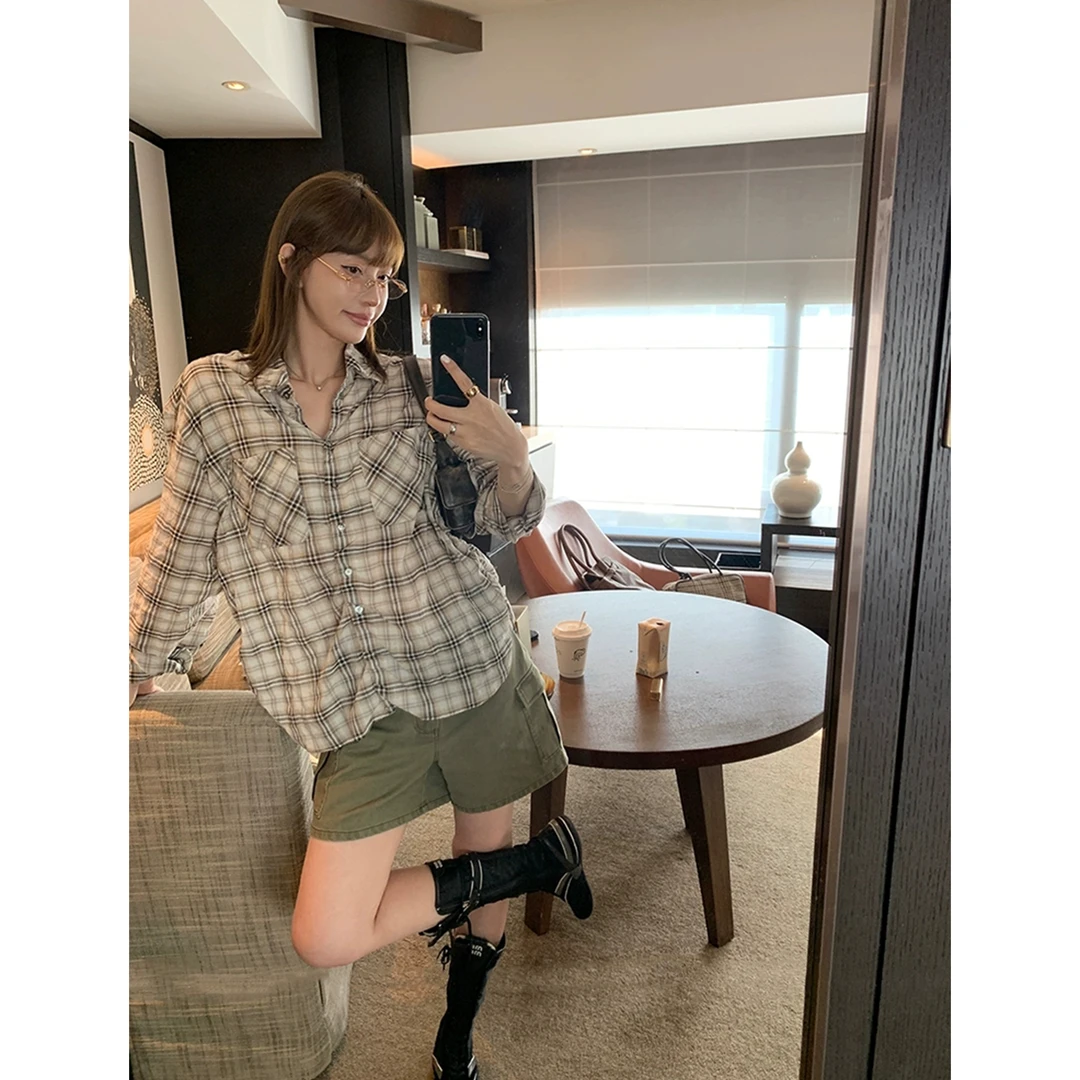 压皱设计感慵懒显瘦格子衬衫C 9201#