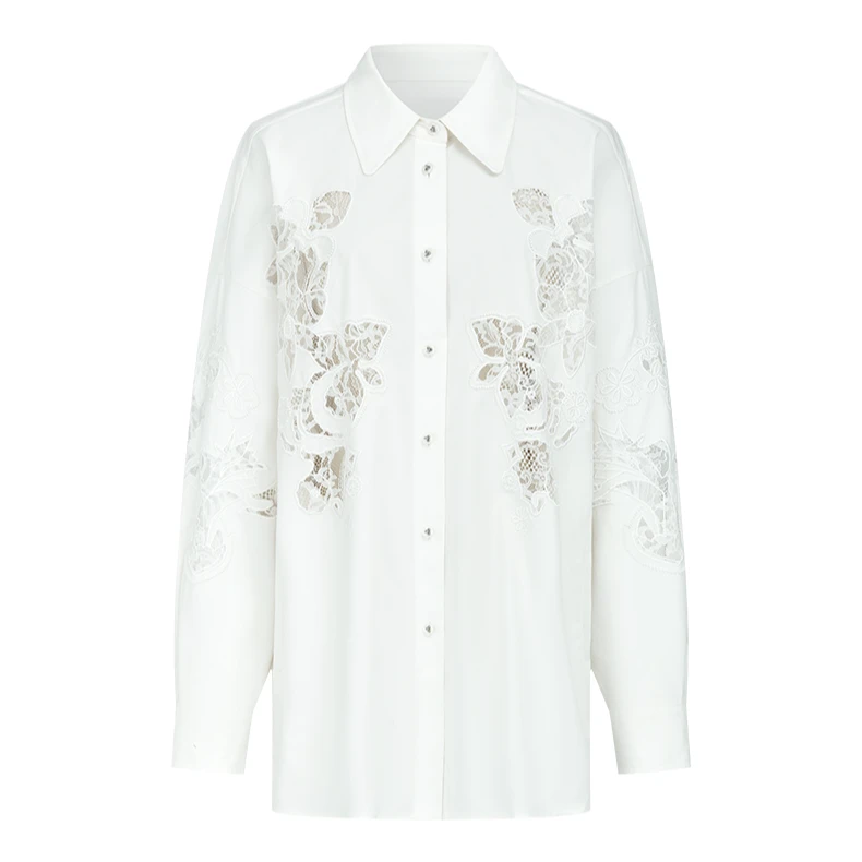 【羊羊专属】曼德诗设计感衬衫新款全棉镂空蕾丝上衣M311308582