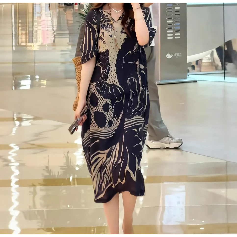 民族风轻奢气质法式连衣裙2025夏季新款复古宽松显瘦大码印花长裙