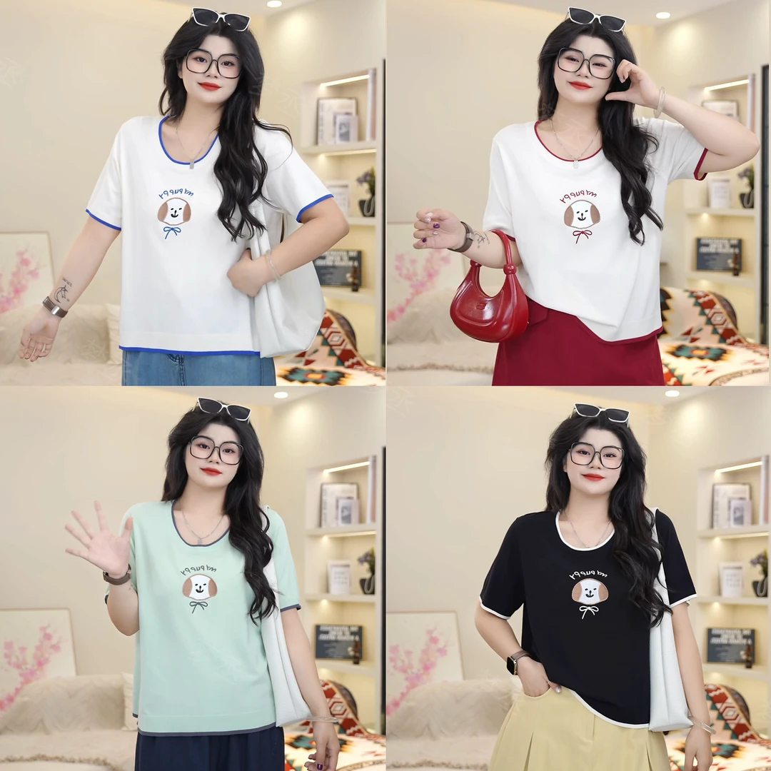 梦丞【汪仔馒头】大码女装夏季宽松蝴蝶结刺绣小狗洋气针织短袖T恤