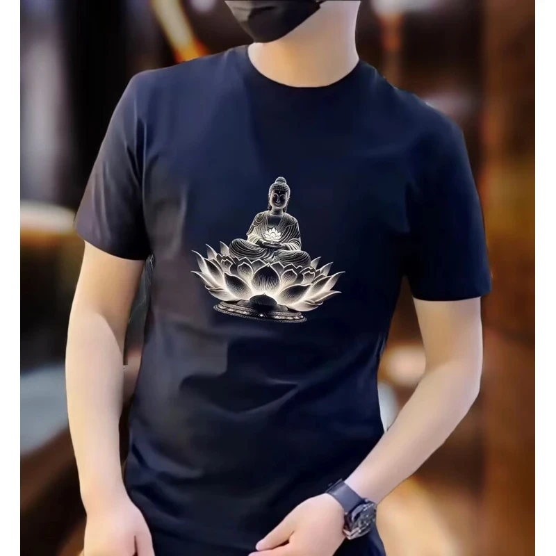 2025新款穿搭时尚潮流男士金佛短袖弹力圆领纯棉半袖上衣体恤时尚