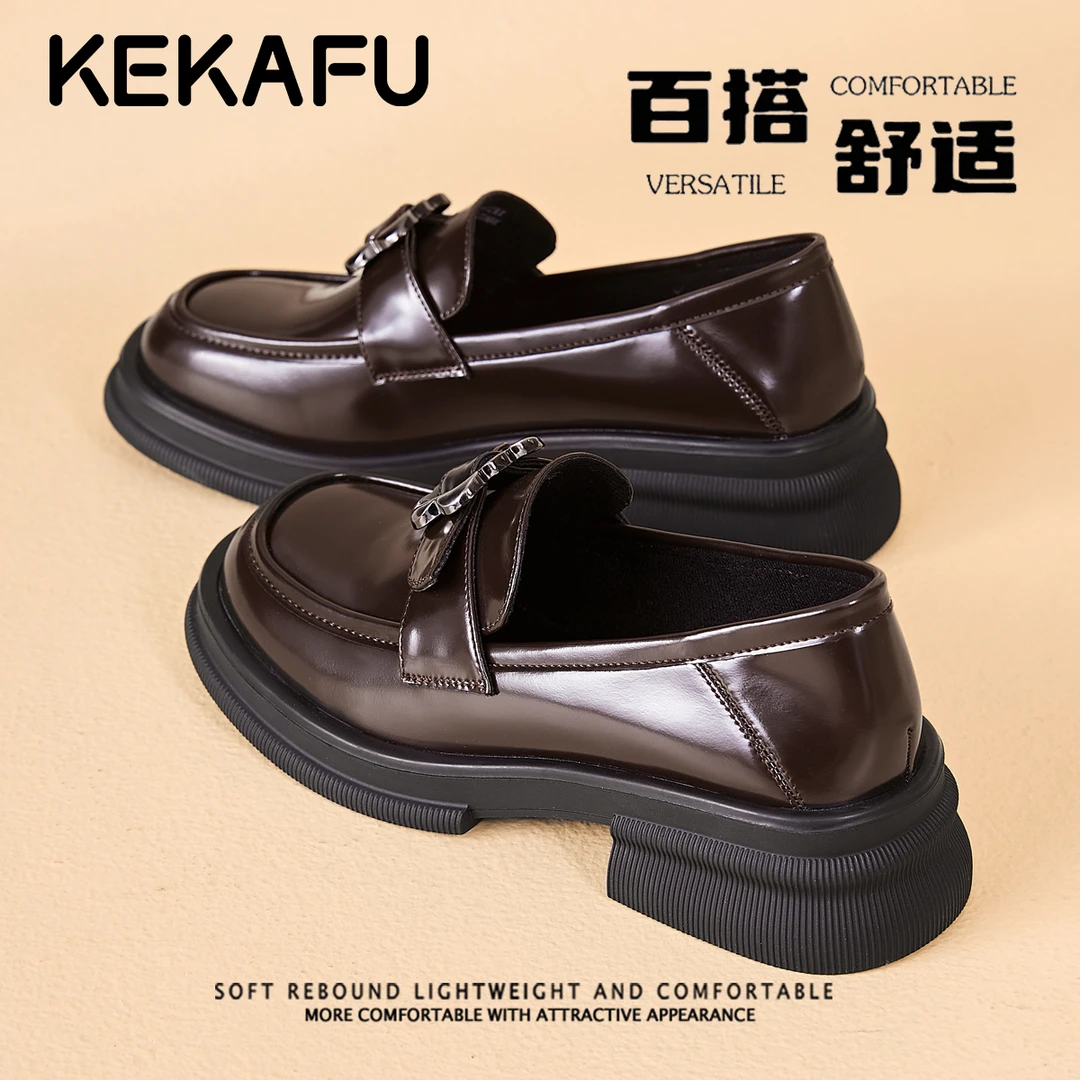 珂卡芙棕色乐福鞋女2025新款秋季漆皮英伦风小皮鞋平底一脚蹬单鞋